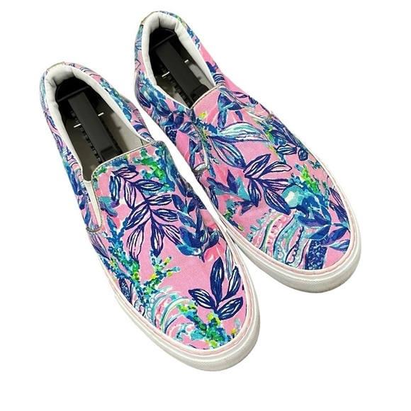 Lilly Pulitzer Julie Pink & Blue Preppy Floral Slip On Canvas Sneakers 9 - Picture 1 of 7